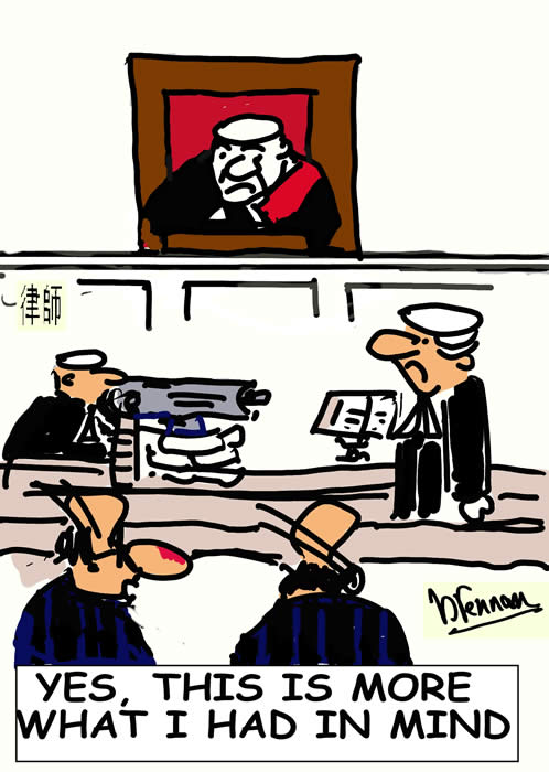 Legal cartoon, court lawyers, courtroom,, barristers, attorneys, Paul Brennan